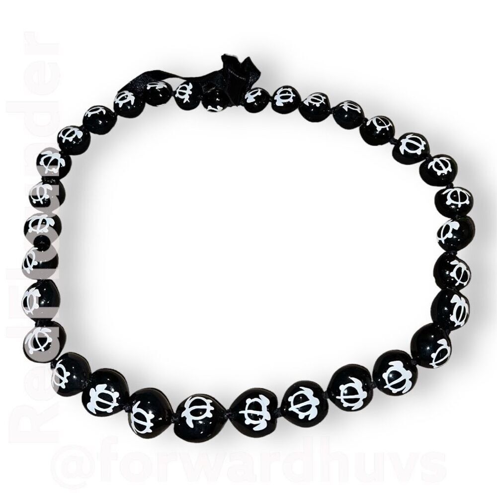 Hand-Painted Black Hawaiian Kukui Nut Necklace with White Turtle Designs
